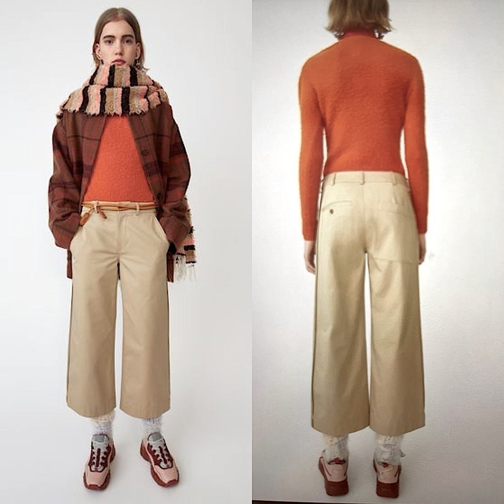 ACNE STUDIOS RELAXED FIT SAND BEIGE CROPPED WIDE LEG 100% COTTON TWILL TROUSER